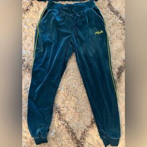 Women’s Fila Velour Dark Teal and Yellow Track Pants (small)